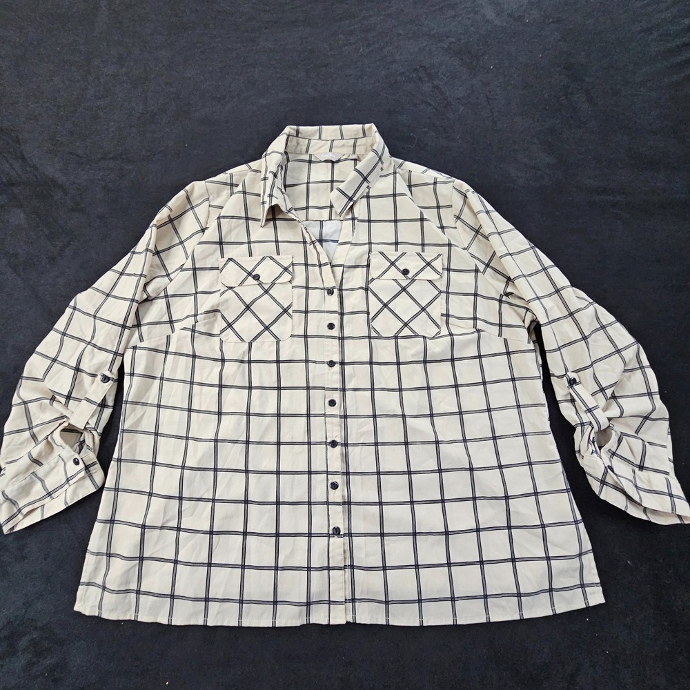 Coral Bay Beige Plaid Long Sleeve Polyester Spandex Button-Up Shirt Women's 3X